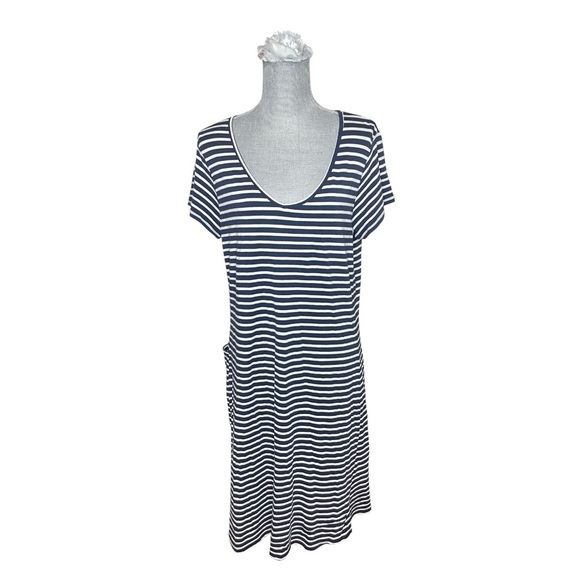 Toad & Co Muse Dress Size L Organic Cotton Midi Navy Blue Striped Pocket - Picture 1 of 7
